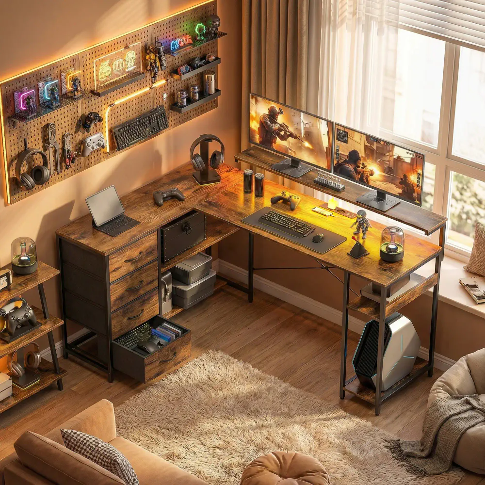 L-formet gamingbord / skrivebord med LED og skuffer
