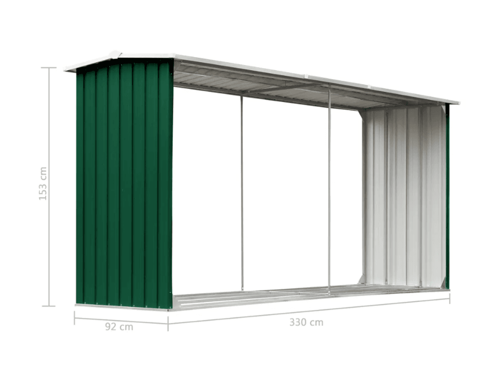 Vedskjul galvanisert stål 330x92x153 cm grønn