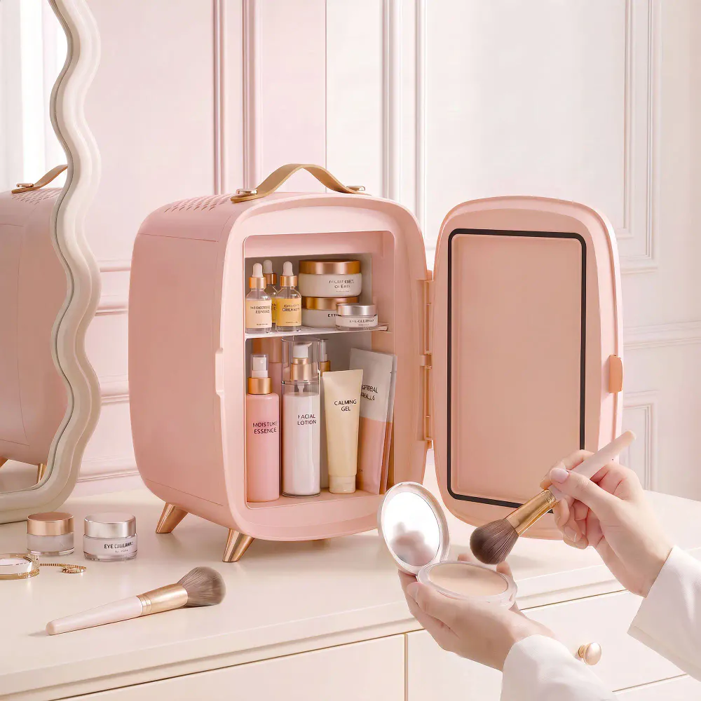 Minikjøleskap med LED-speil - 6L - rosa/hvit