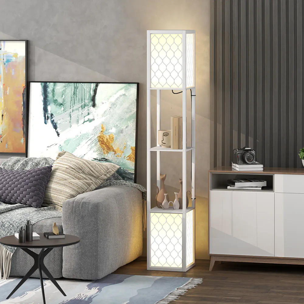 Gulvlampe med to hyller og stoffskjerm 156 cm - fargevalg