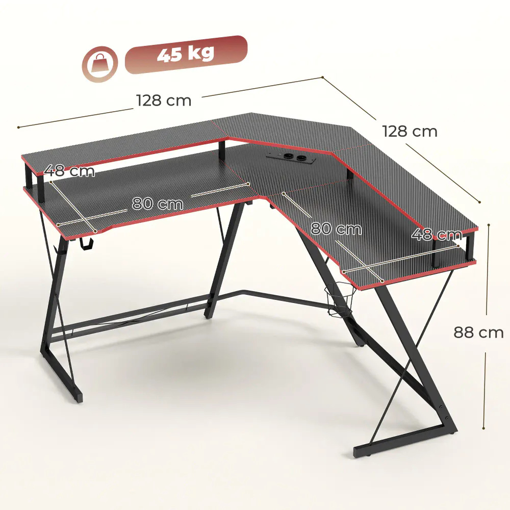 L-formet gamingbord med monitorhylle, strømuttak og USB – svart