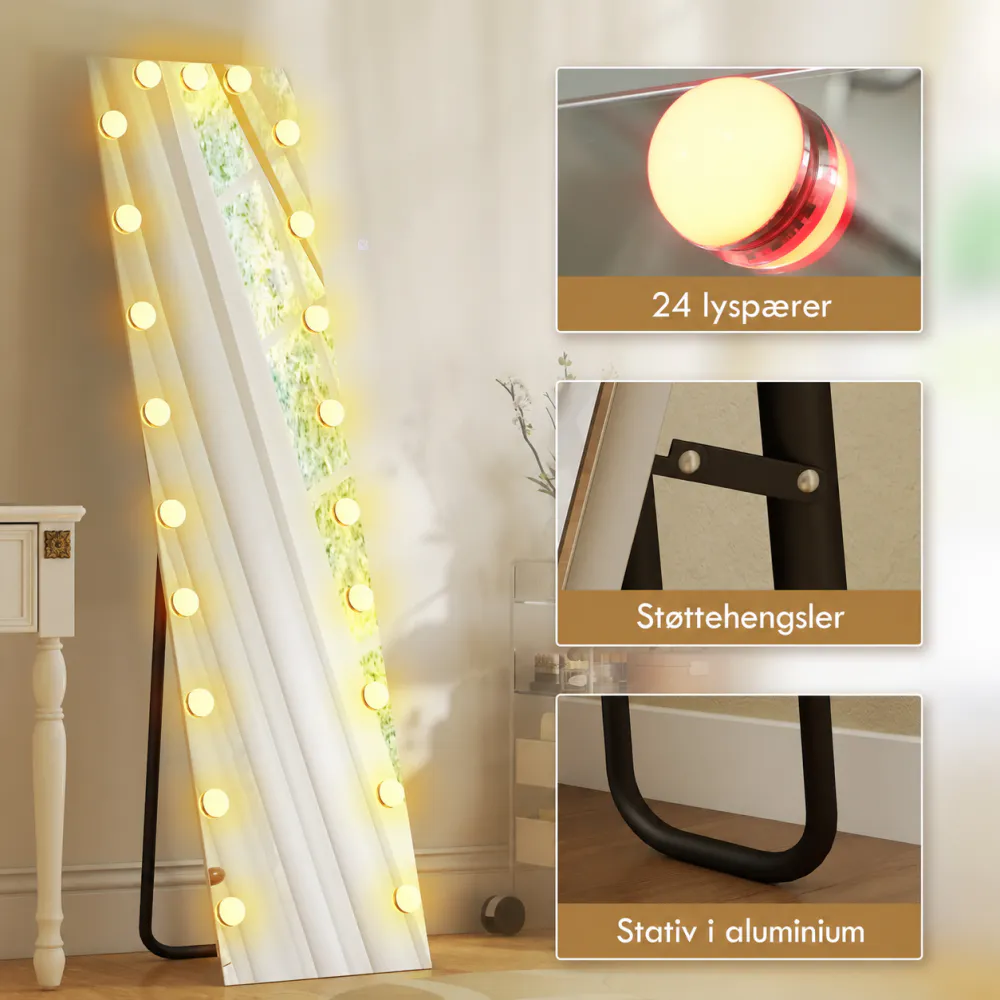 Helfigurspeil med RGB-lys og Hollywood-pærer - 150 cm
