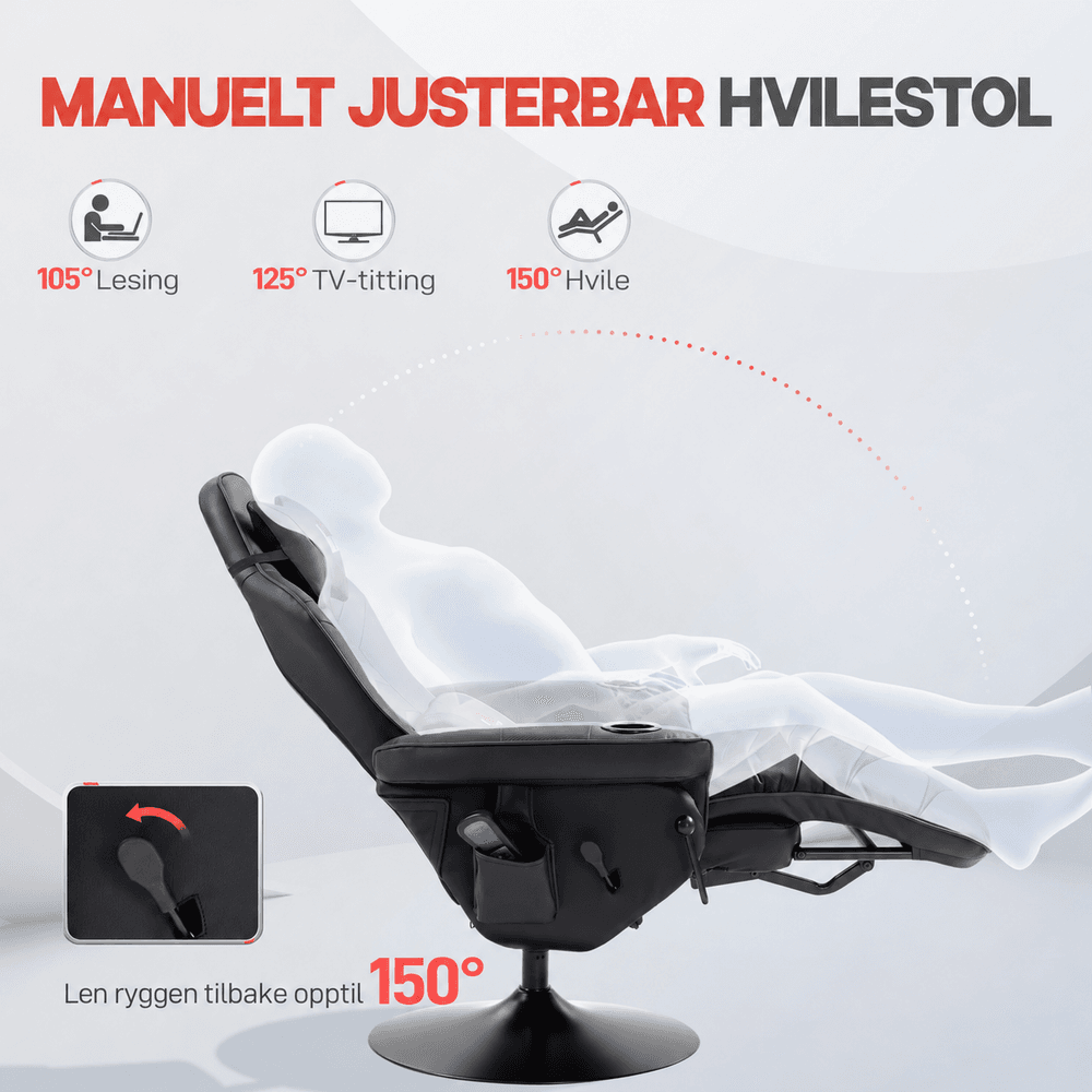 Gamingstol med massasjefunksjon, justerbar rygg og fotstøtte, opptil 120 kg, stålramme og kunstskinn 
