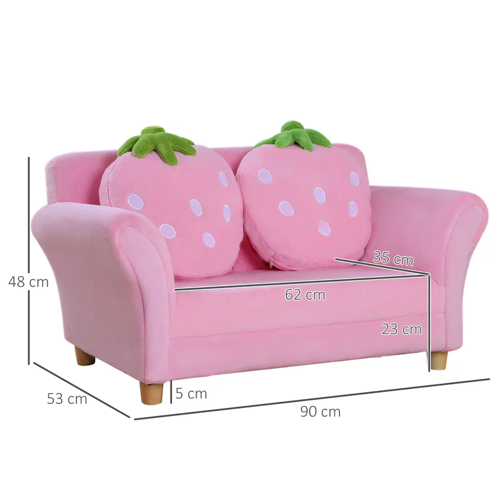 Barnesofa med 2 jordbærputer - rosa og grønn