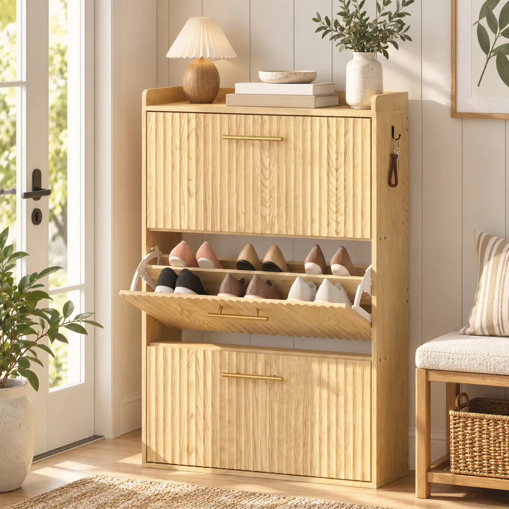 Smalt skoskap med 3 vippefronter - lys brun, 80 cm