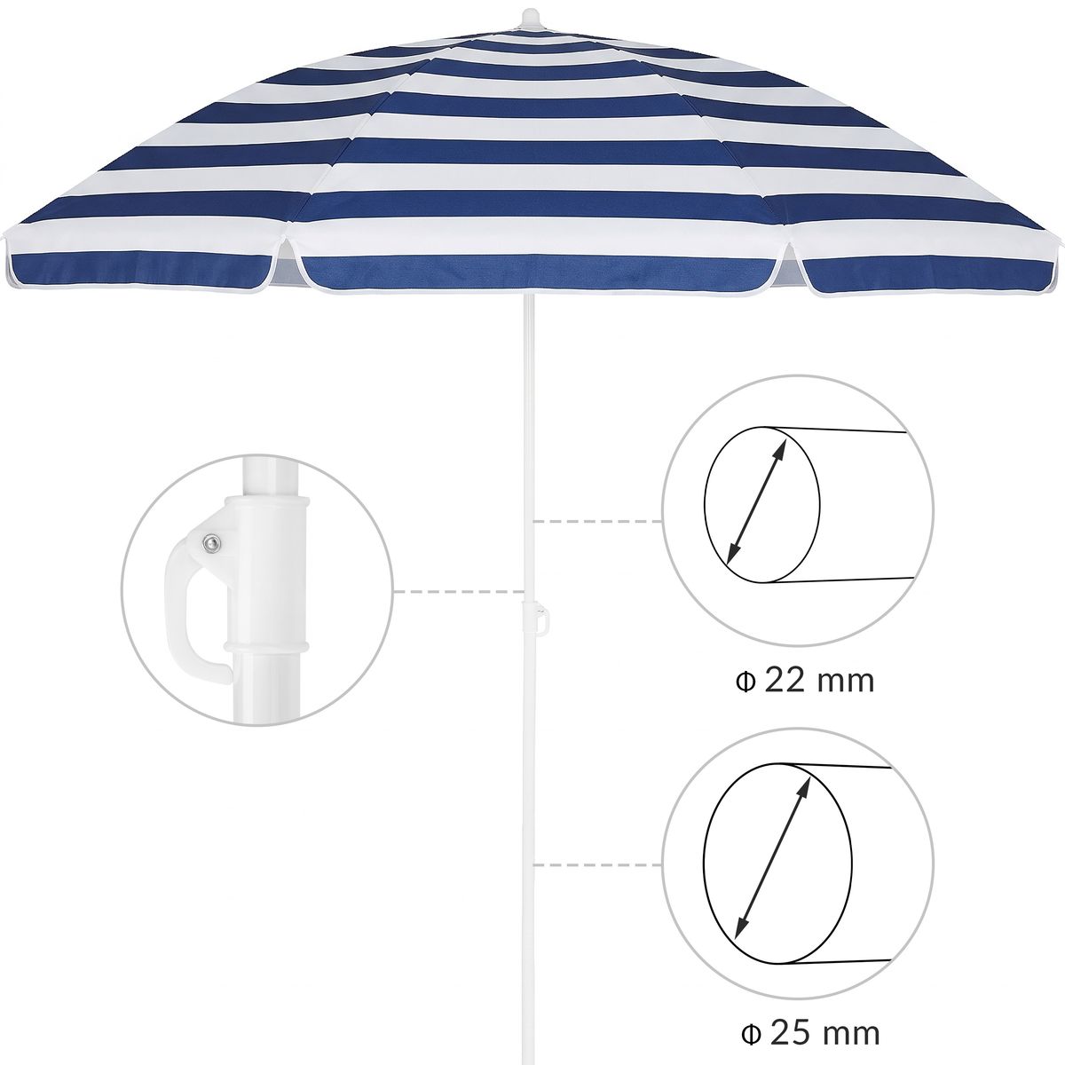 Strandparasoll KYPROS 180cm med vippefunksjon - blå/hvit