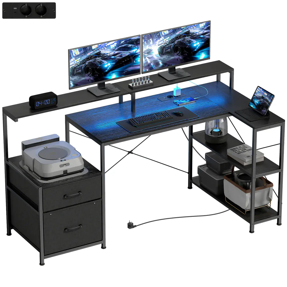 L-formet gamingbord / skrivebord med LED og USB-C