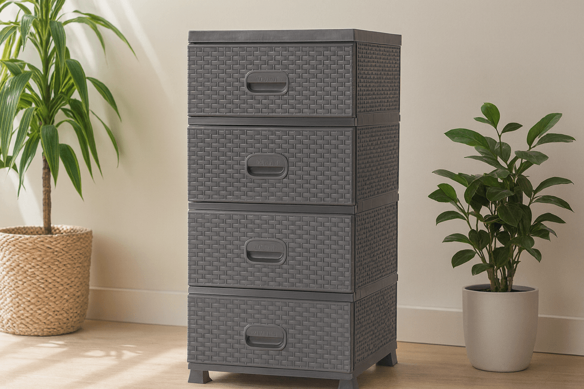 Kommode 4 skuffer rottinglook - brun/grå 38x45x90 cm