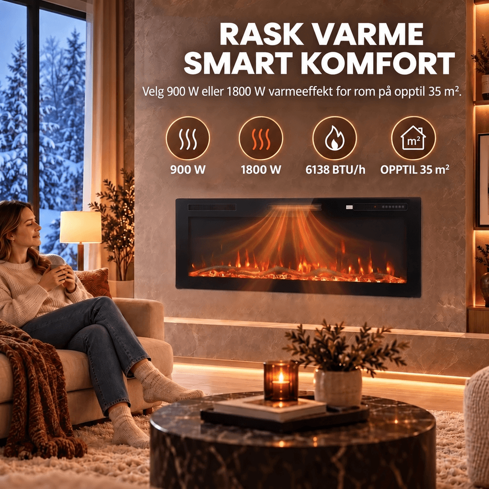 Ultratynn elektrisk peis for innfelt og veggmontert installasjon 900w og 1800W 127cm