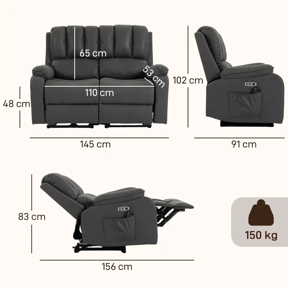 Dobbel recliner sofa med massasje og varmefunksjon