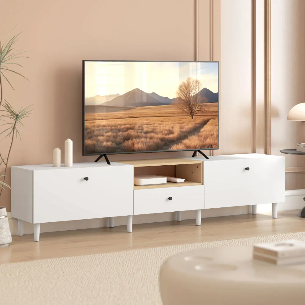 TV-benk 200 cm med skuff og skap - hvit/natur