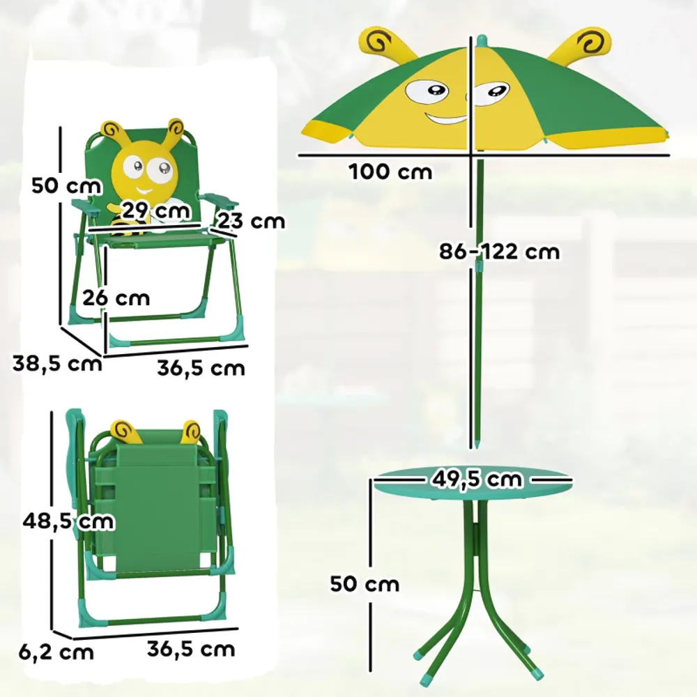 Hagemøbelsett for barn med parasoll og biedesign