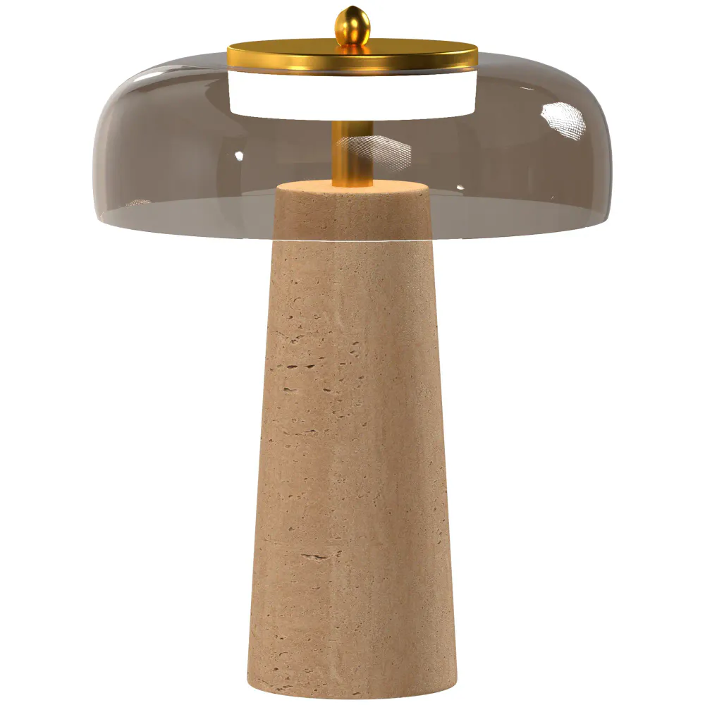 Bordlampe med travertinfot og ravfarget glass