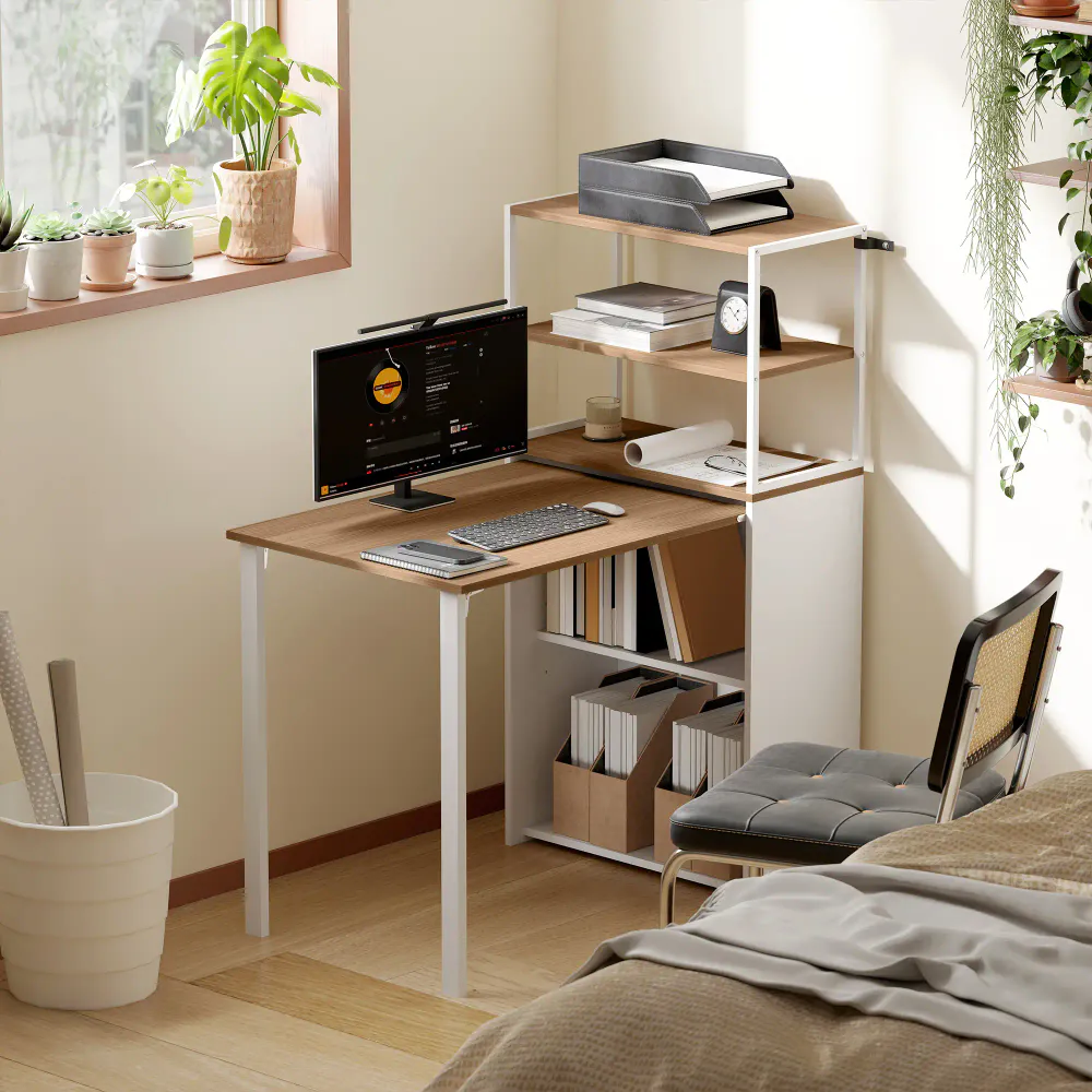 Sammenleggbart skrivebord / PC-bord med 4 hyller - naturtre og hvit