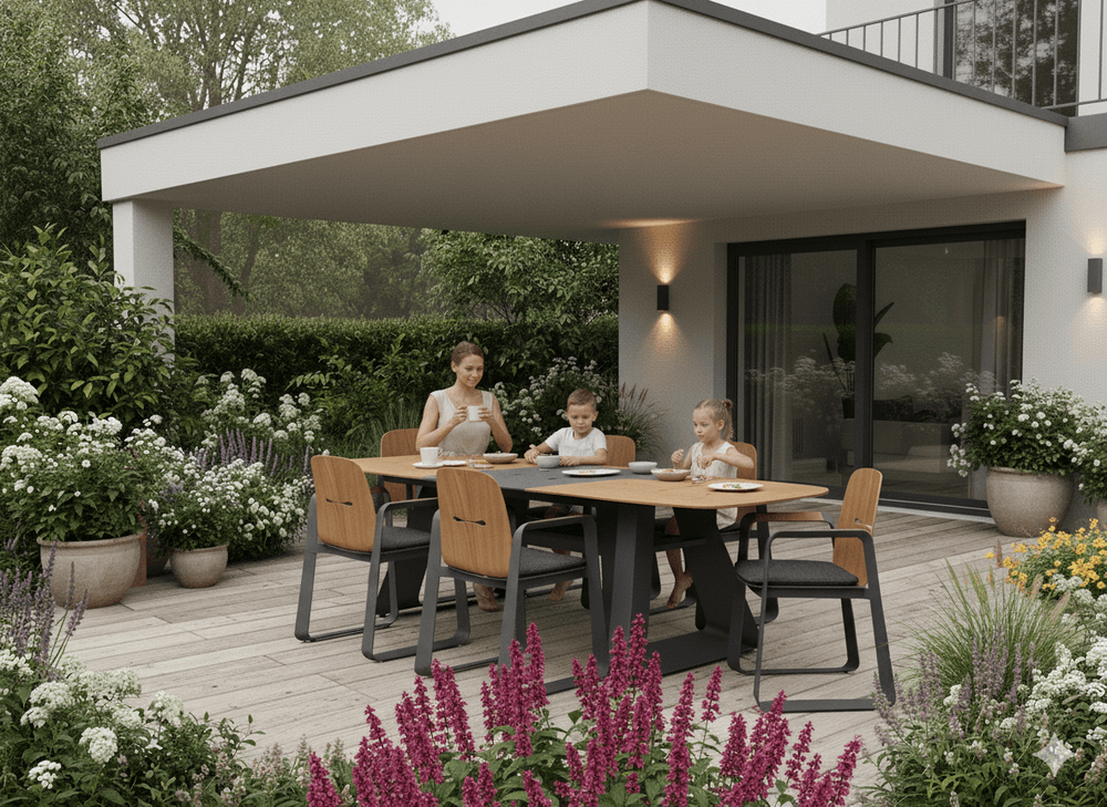 Aluminiums hagestol THOMPSON 62 × 56 × 89 cm – grå med teakdetaljer