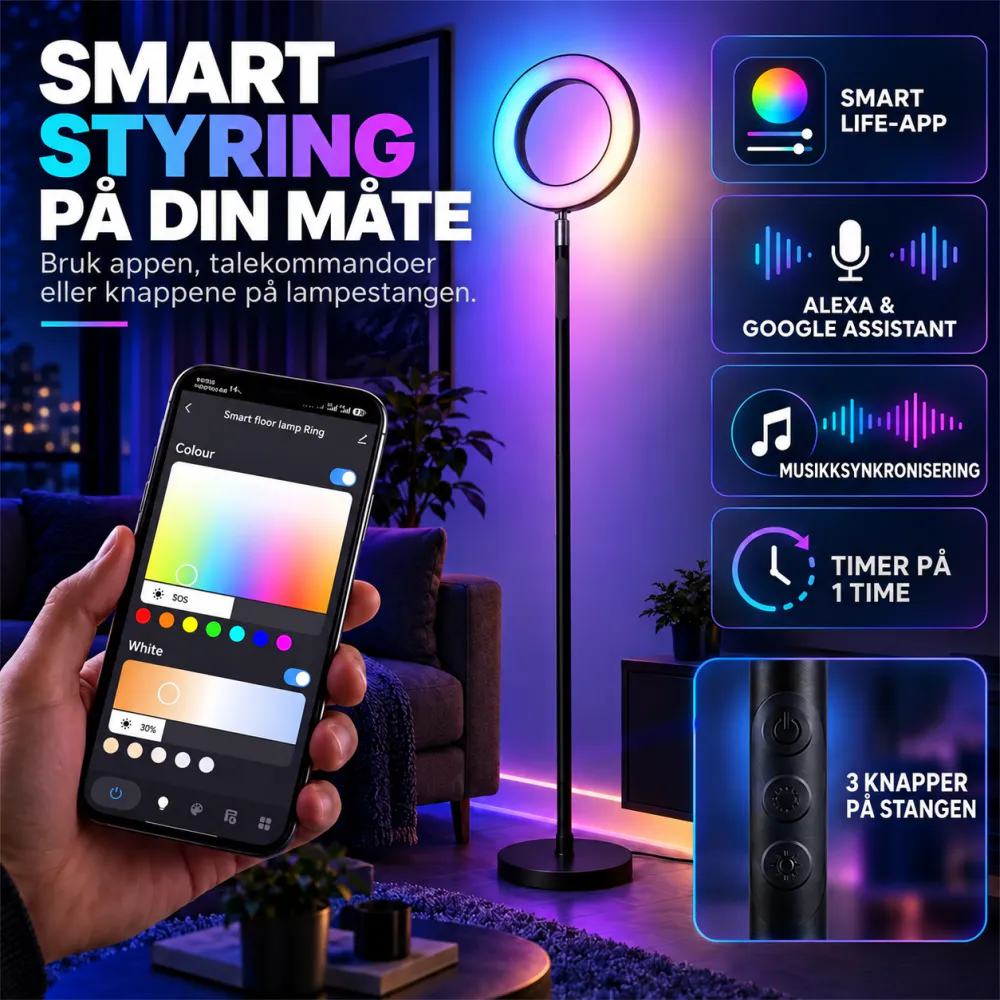 Smart RGB-gulvlampe med justerbart ringhode