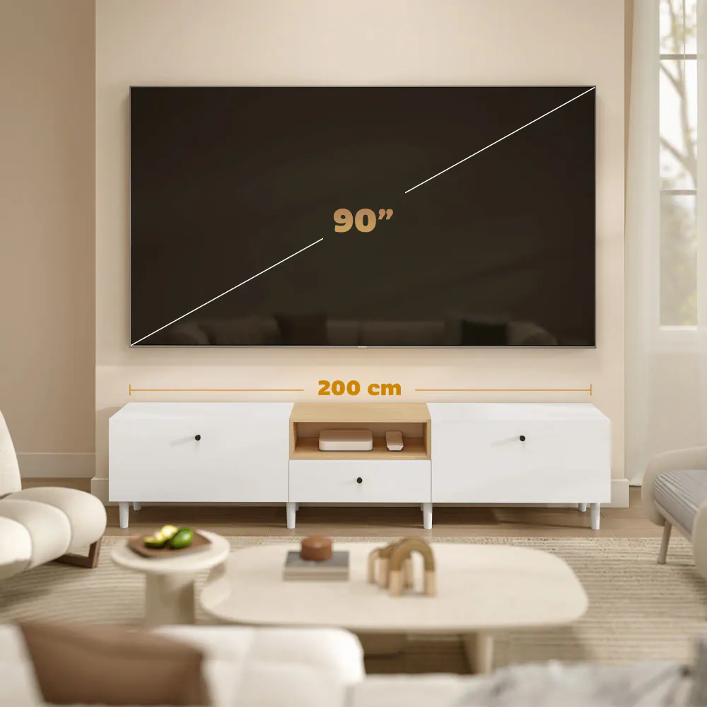 TV-benk 200 cm med skuff og skap - hvit/natur