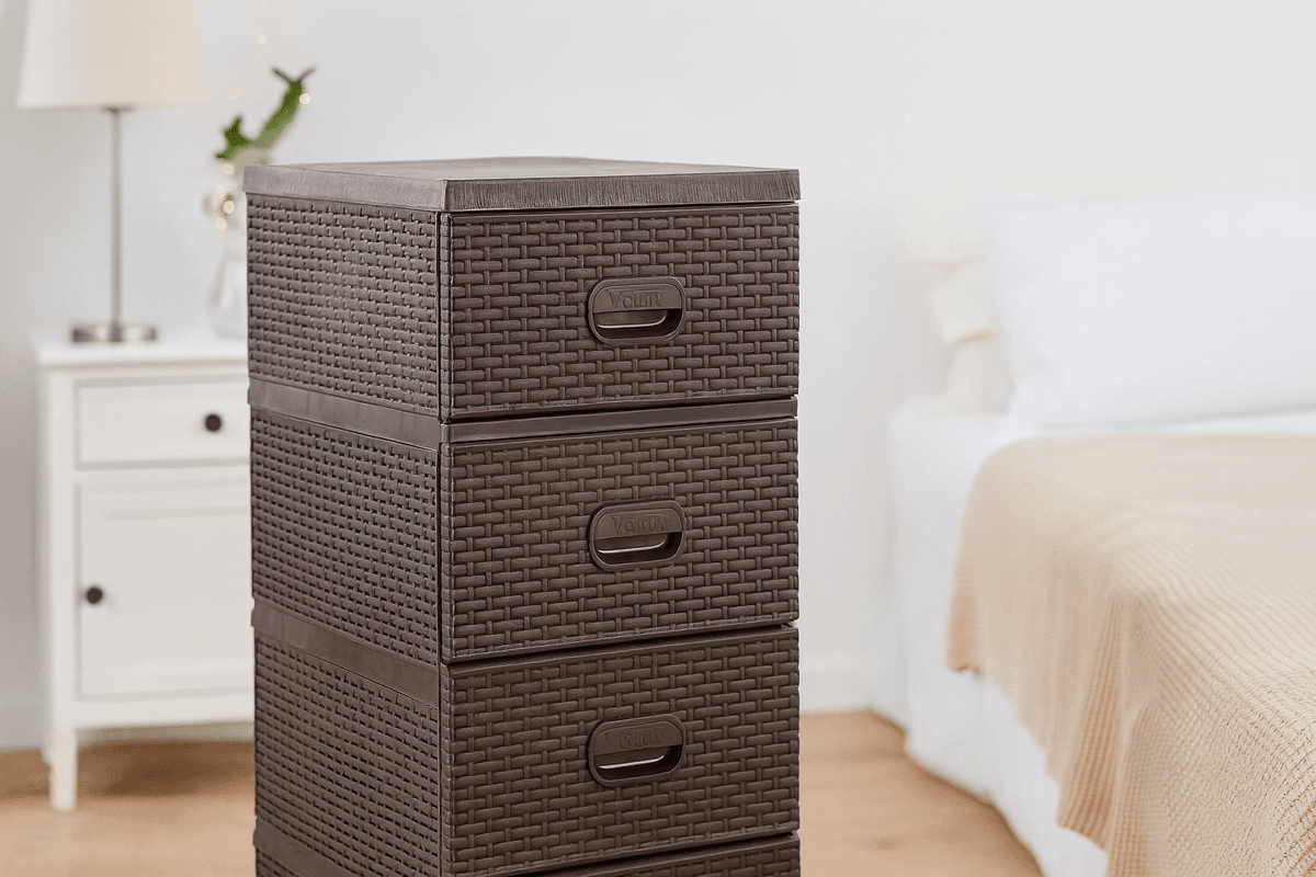 Kommode 4 skuffer rottinglook - brun/grå 38x45x90 cm