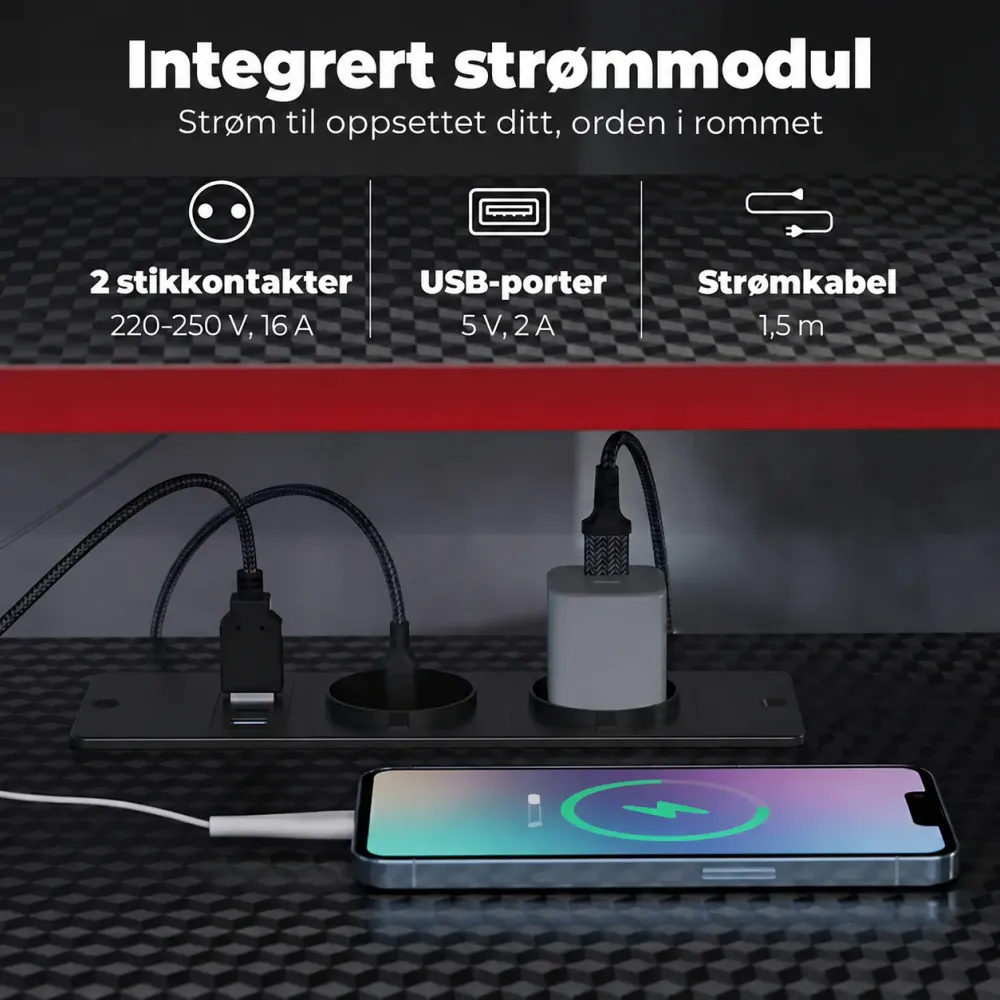 L-formet gamingbord med monitorhylle, strømuttak og USB – svart