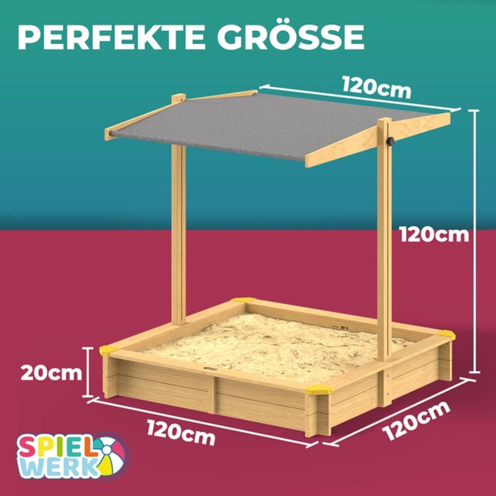 Sandkasse med soltak/lokk - 120 x 120 cm naturfarget