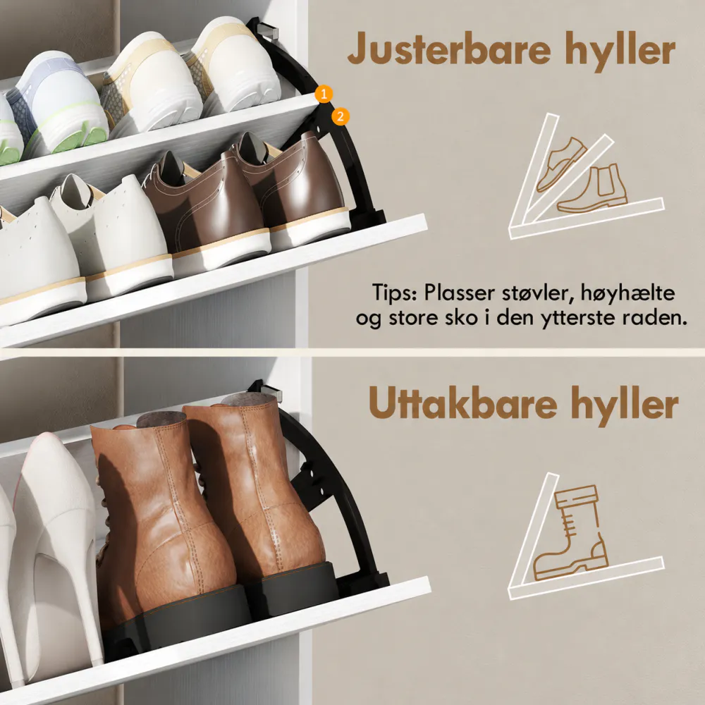Mie - skoskap med 2 vippeskuffer og hyller – hvitt