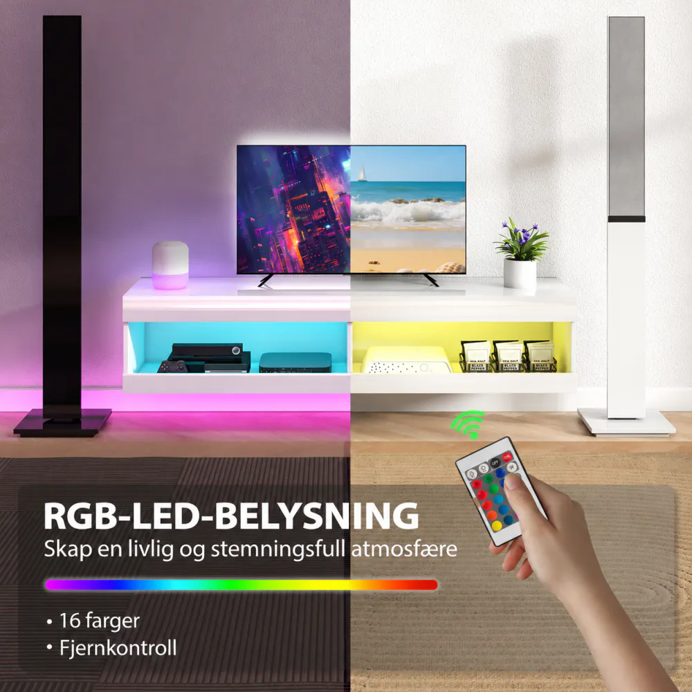 Vegghengt TV-benk med LED - hvit høyglans 140 cm