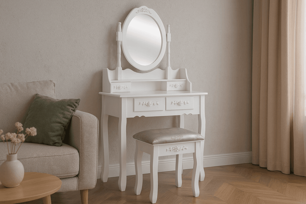 Sminkebord Vintage med speil og krakk – hvit