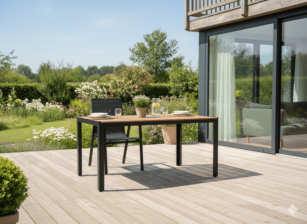 Stålbord til hage med polywood bordplate 150 × 90 × 73 cm svart