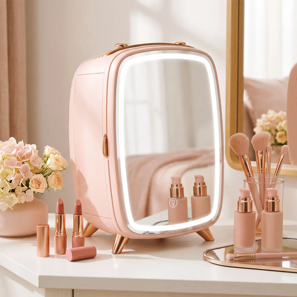Minikjøleskap med LED-speil - 6L - rosa/hvit