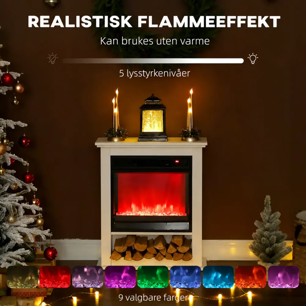 Hvit elektrisk peis med fjernkontroll og timer – 1800 W