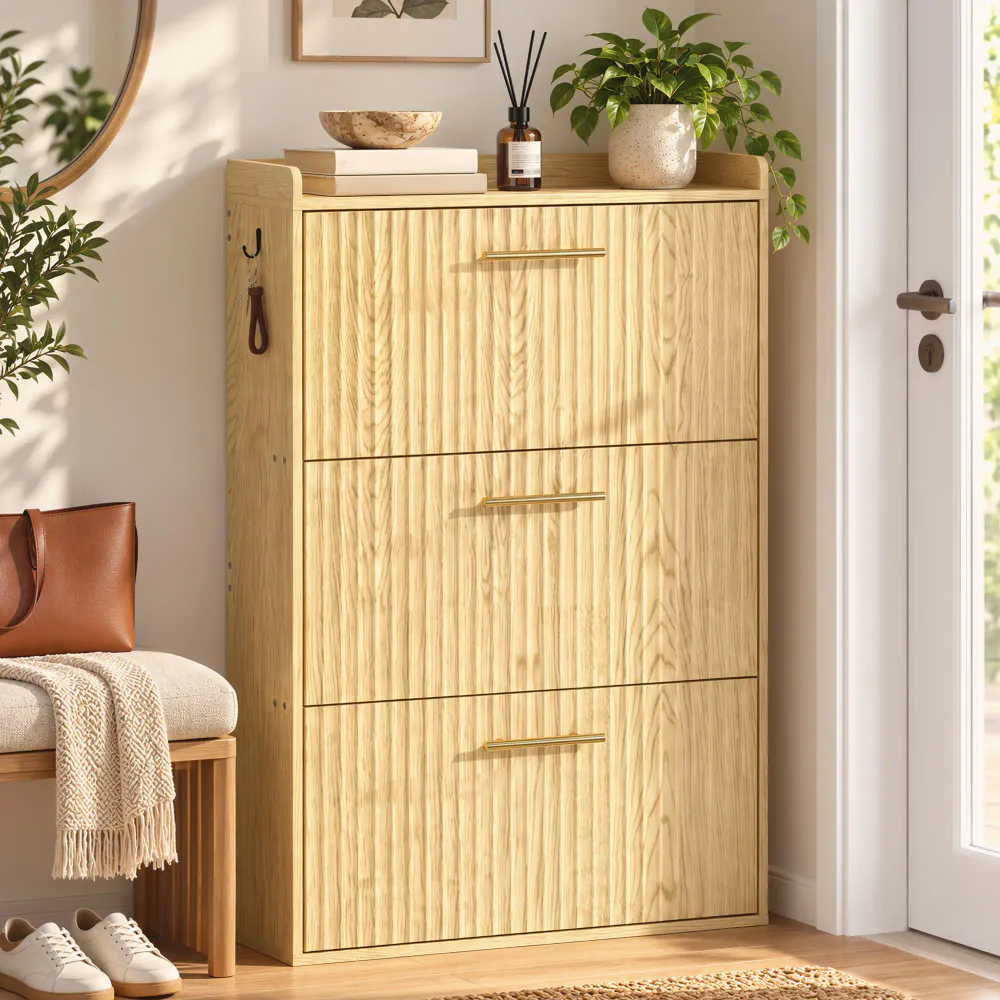 Smalt skoskap med 3 vippefronter - lys brun, 80 cm