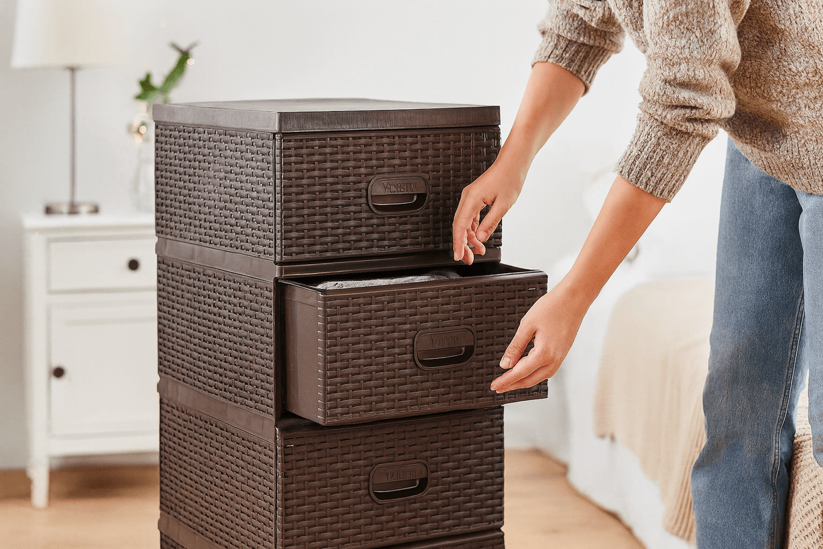 Kommode 4 skuffer rottinglook - brun/grå 38x45x90 cm