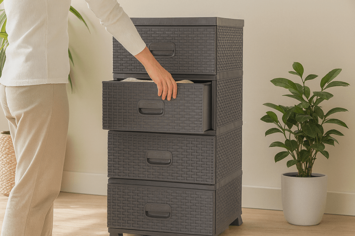 Kommode 4 skuffer rottinglook - brun/grå 38x45x90 cm