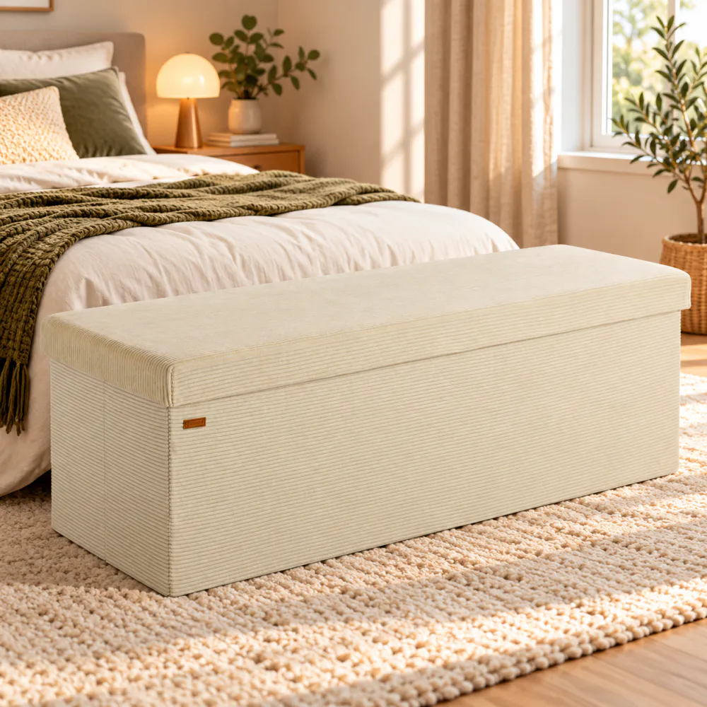 Oppbevaringsbenk kordfløyel 114x38x38 cm - beige