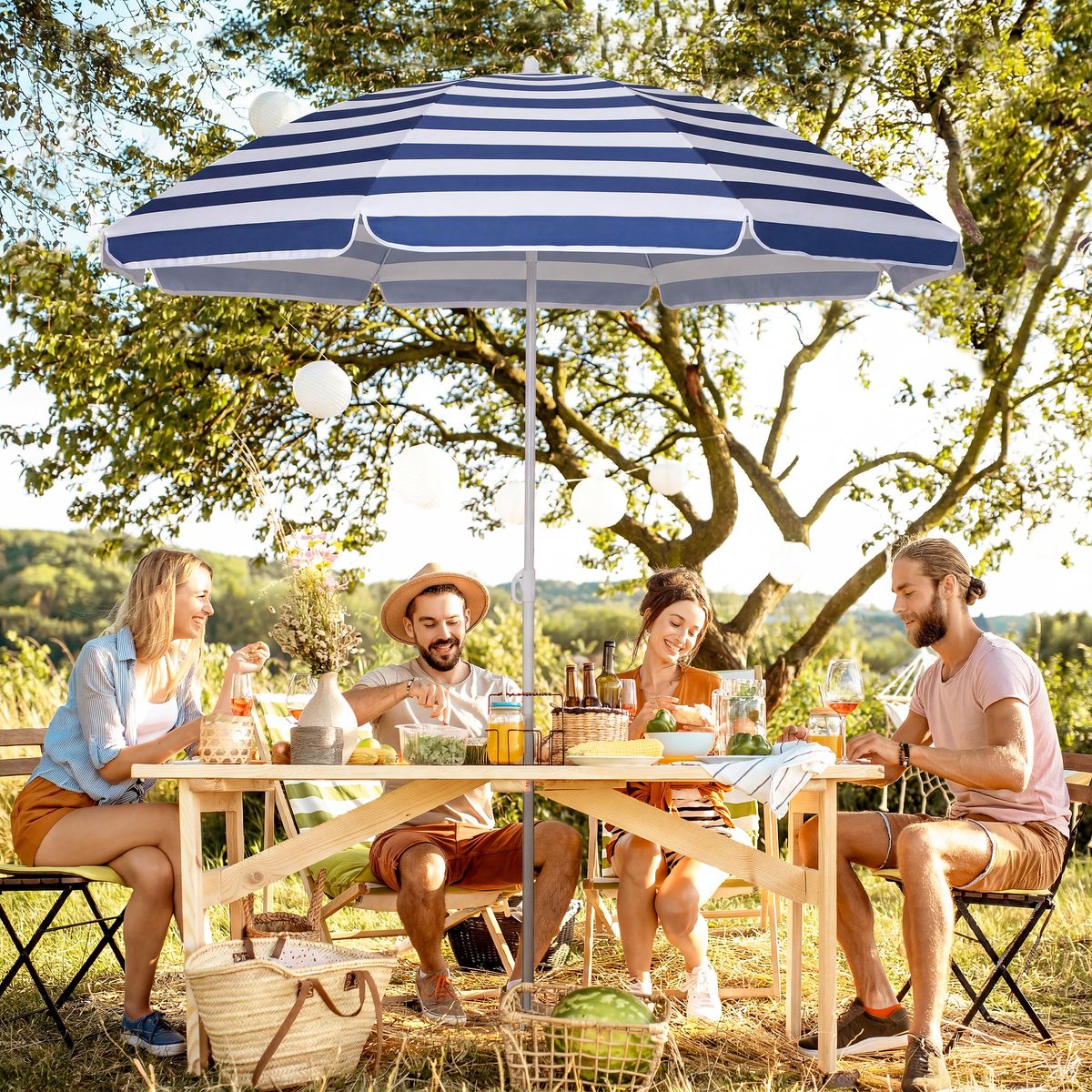 Strandparasoll KYPROS 180cm med vippefunksjon - blå/hvit